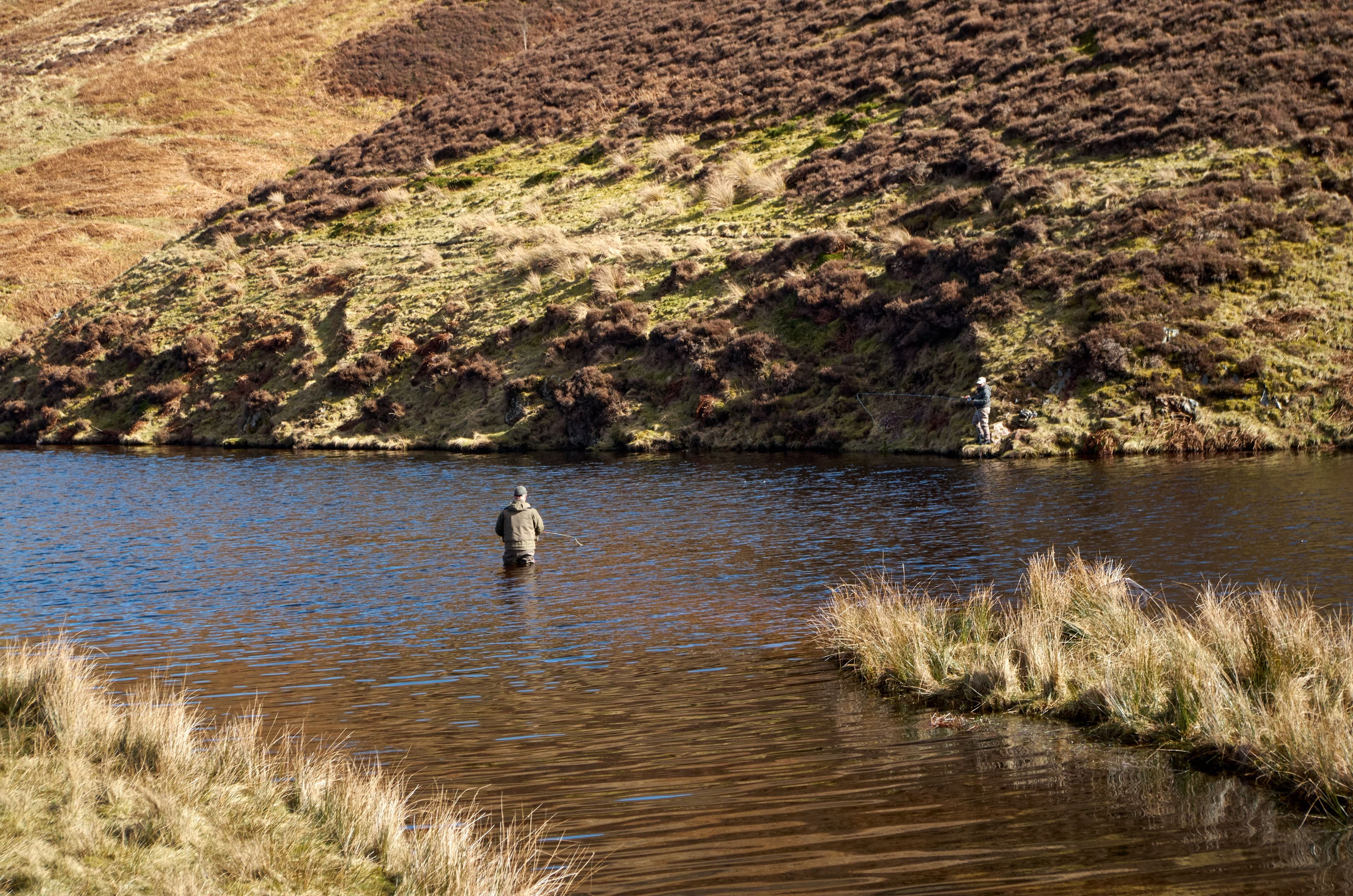 Two fly anglers fishing a highland loch
